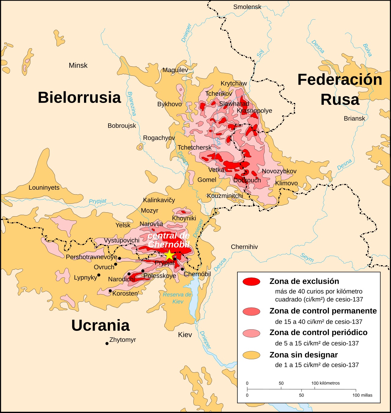 Mapa en español de la zona de exclusión de Chernóbil con niveles de radiación en 1996